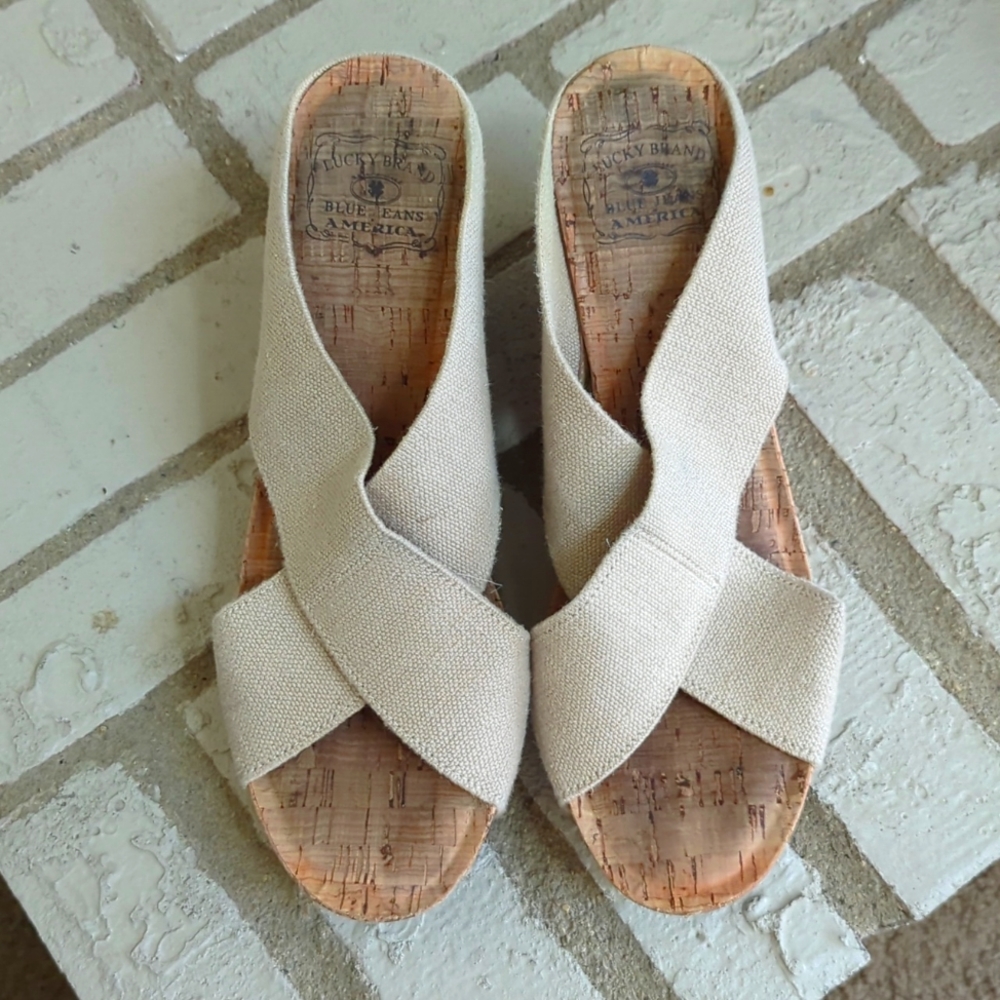 Lucky Brand Miller 2 cork wedge slip on sandaals size 9